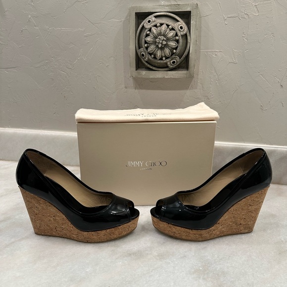 Jimmy Choo Patent Black Leather Papina Wedges - Picture 2 of 6